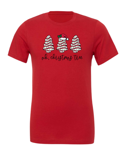 "Oh Christmas Tree" snack cakes design on short sleeve crew neck t-shirt in the color Canvas Red