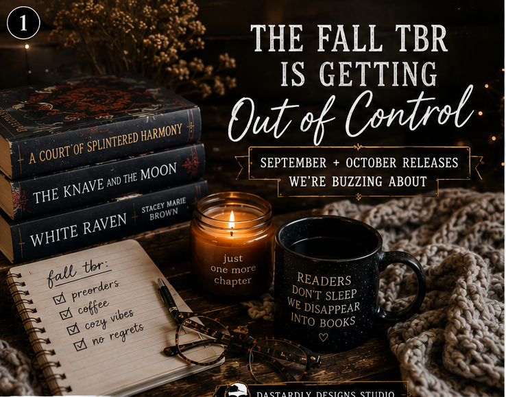 Stack of fall 2026 book releases with a notebook listing the fall tbr. Candle burning, coffee steaming and blanket ready to cozy down and read