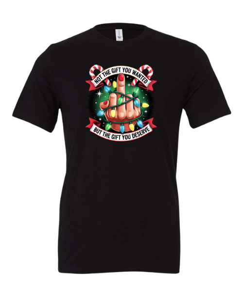 Not The Gift You Wanted t-shirt in Black with a graphic design featuring colorful Christmas lights and middle finger  on a white background