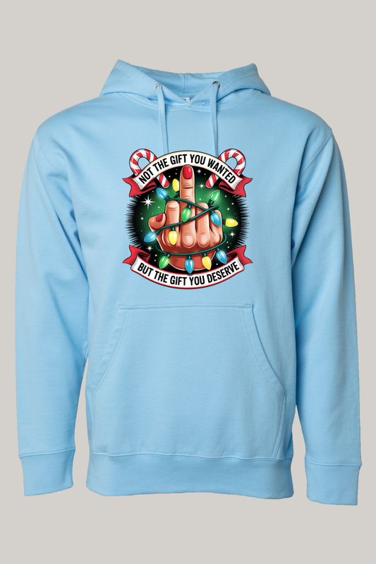 Not The Gift You Wanted hooded sweatshirt in Blue Aqua with a graphic design featuring colorful Christmas lights and middle finger on a beige background