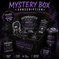 Mystery box subscription with dark-themed merchandise including t-shirts, stickers, and a tumblers on a black background.