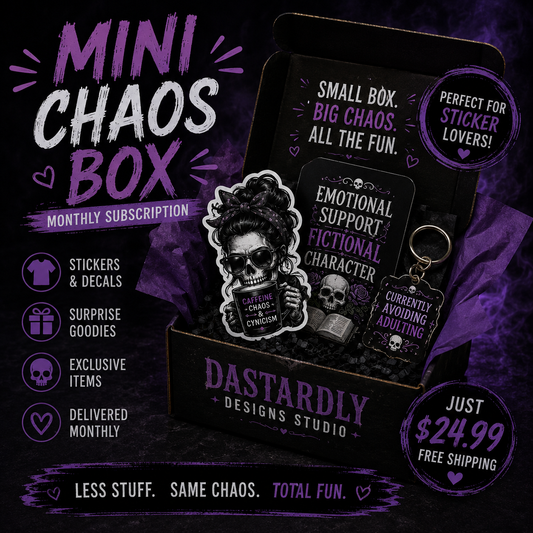 Mini Chaos Box monthly subscription with stickers and decals, featuring Dastardly Designs Studio branding.