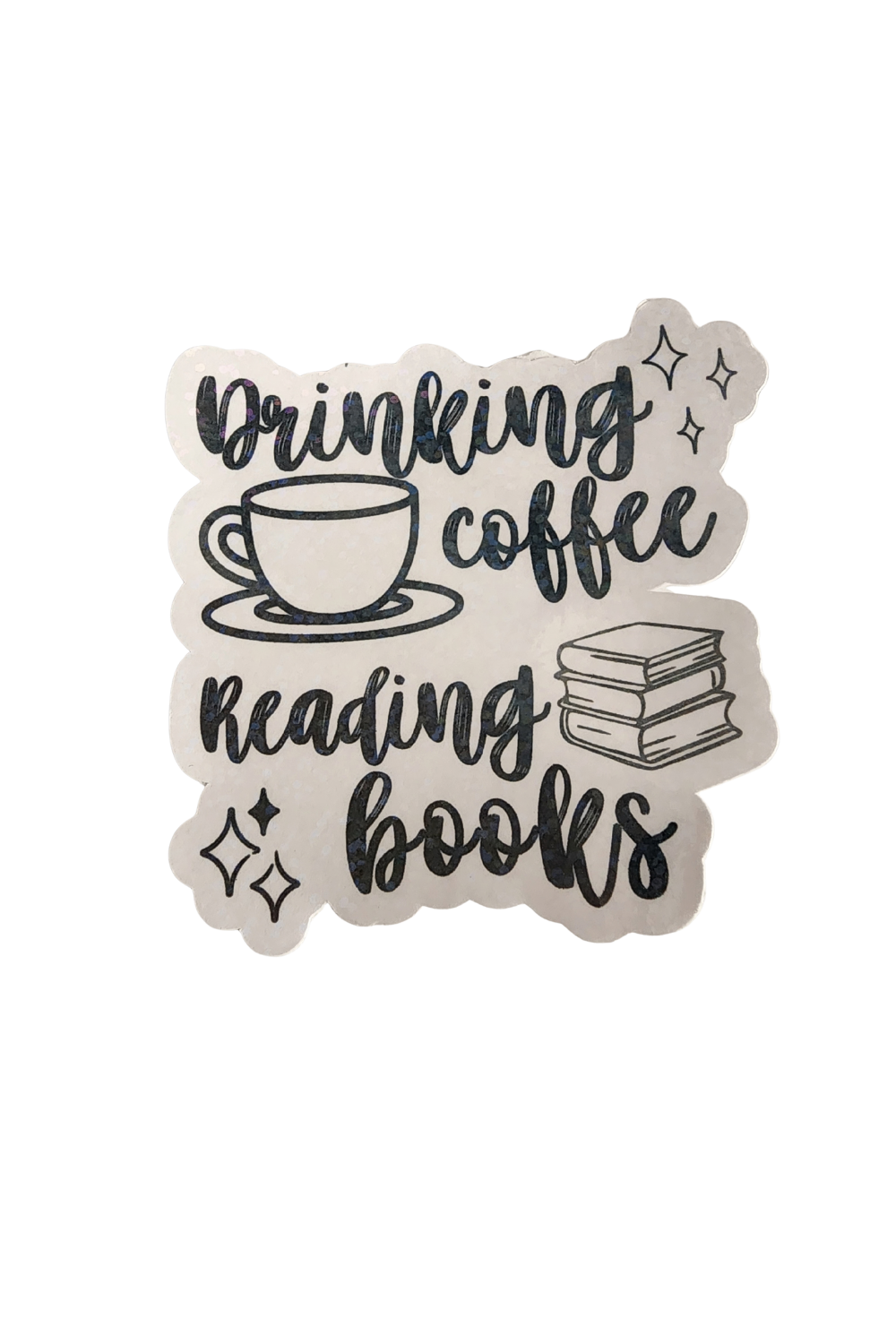 Drinking Coffee Reading Books– 3" Holographic Sticker