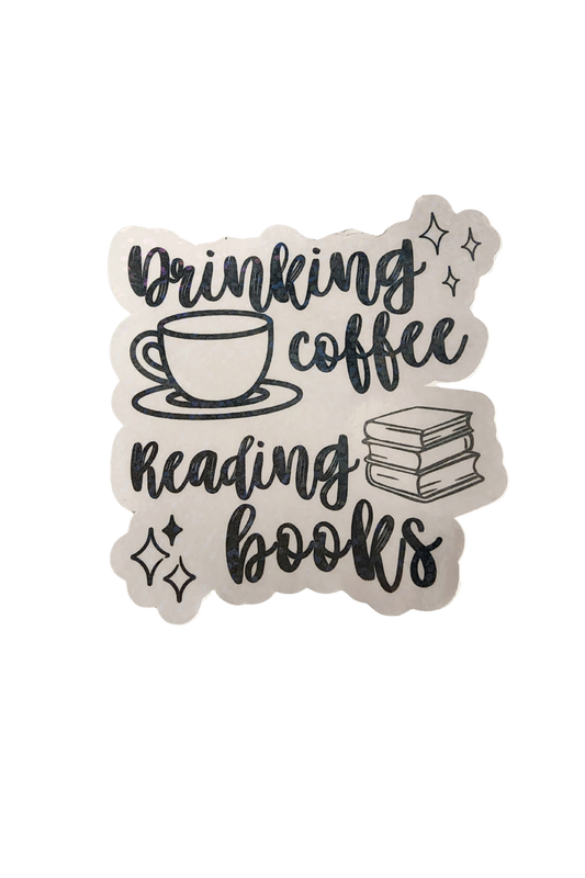 Drinking Coffee Reading Books– 3" Holographic Sticker