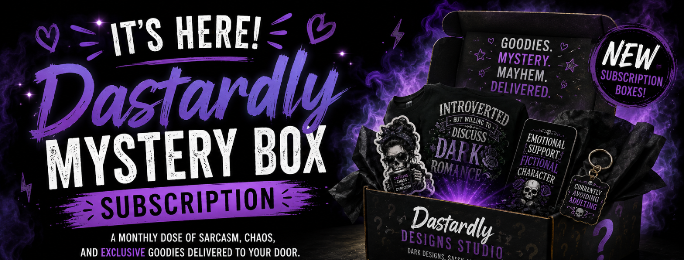 Promotional image for Dastardly Mystery Box subscription with dark background and product packaging.